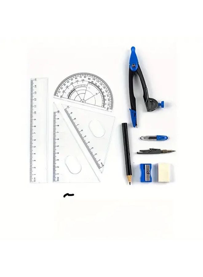 10pcs Blue Metal Math Geometry Kit Set with Shatterproof Storage Box - Image 1