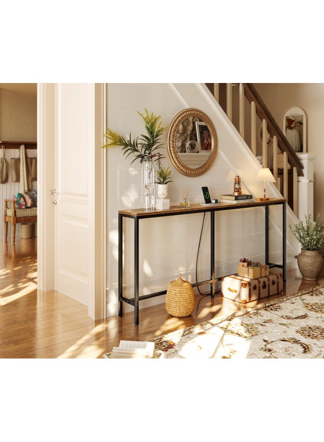 SUPERJARE SUPERJARE 70 Inch Console Table with Outlet, Sofa Table with Charging Station, Narrow Entryway Table, Skinny Hallway Table, Behind Couch Table, for Living Room - Rustic Brown  - Image 2