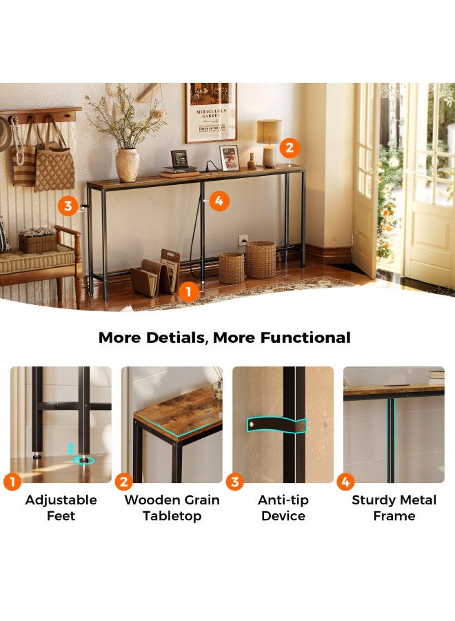 SUPERJARE SUPERJARE 70 Inch Console Table with Outlet, Sofa Table with Charging Station, Narrow Entryway Table, Skinny Hallway Table, Behind Couch Table, for Living Room - Rustic Brown  - Image 5