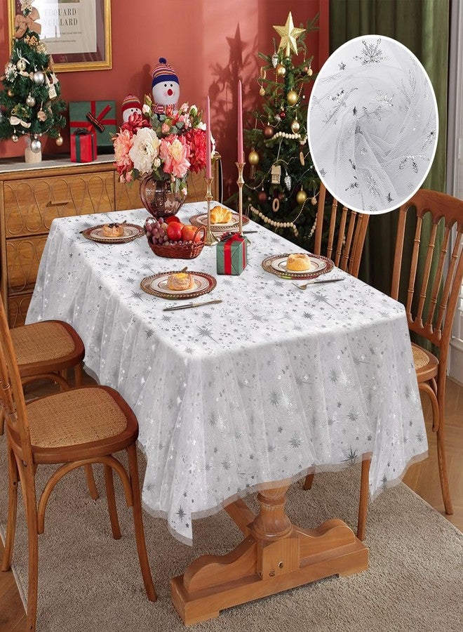 Bonison Christmas Tablecloth 60 x 120 in, Silver Snowflake Sheer Organza Tablecloth, Waterproof Wrinkle Free Holiday Table Cover for Winter Wonderland & Christmas Dinner, Party Decorations - Image 1