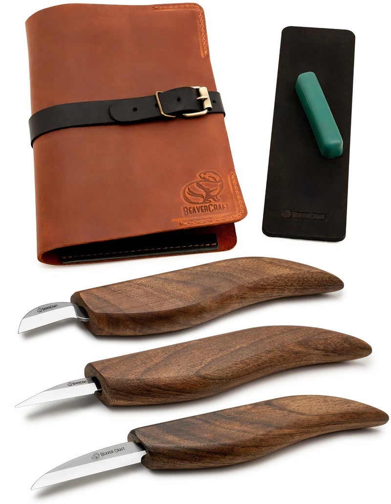 BeaverCraft Wood Carving Knife Set Deluxe S15X  Wood Carving Kit with Detail Chip Knife Sloyd Roughing Whittling Knives  Leather Strop  Whittling Tools Set with Leather Case for Carvers