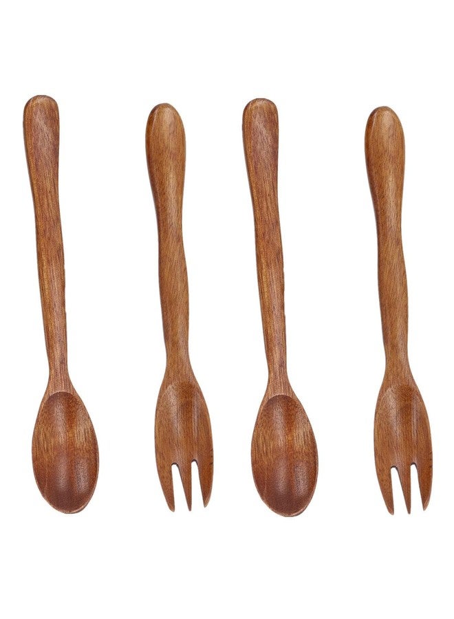 Beufee 4pcs Wooden Spoons and Forks Japanese Wooden Spoons Fork Utensil Set Spoon Fork Cutlery Set Dinner Utensil Set Kitchen Wooden Tableware Wood Flatware Set for Stirring Eating - Image 1
