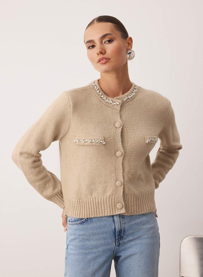 trendyol Mink Soft Textured Stone Embroidered Knitwear Cardigan - Image 1