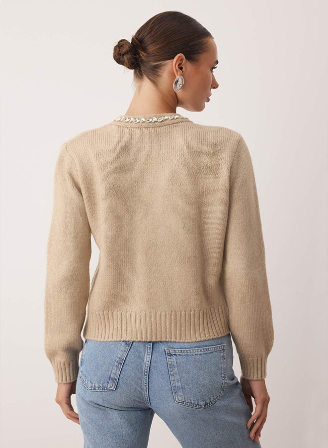 trendyol Mink Soft Textured Stone Embroidered Knitwear Cardigan - Image 4