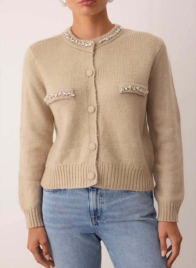 trendyol Mink Soft Textured Stone Embroidered Knitwear Cardigan - Image 3