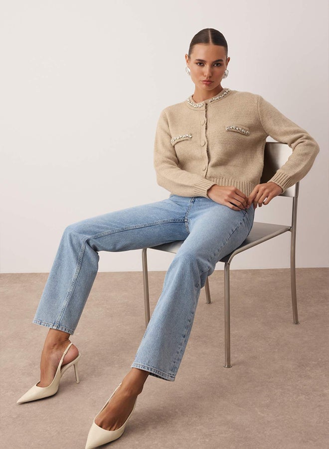 trendyol Mink Soft Textured Stone Embroidered Knitwear Cardigan - Image 2