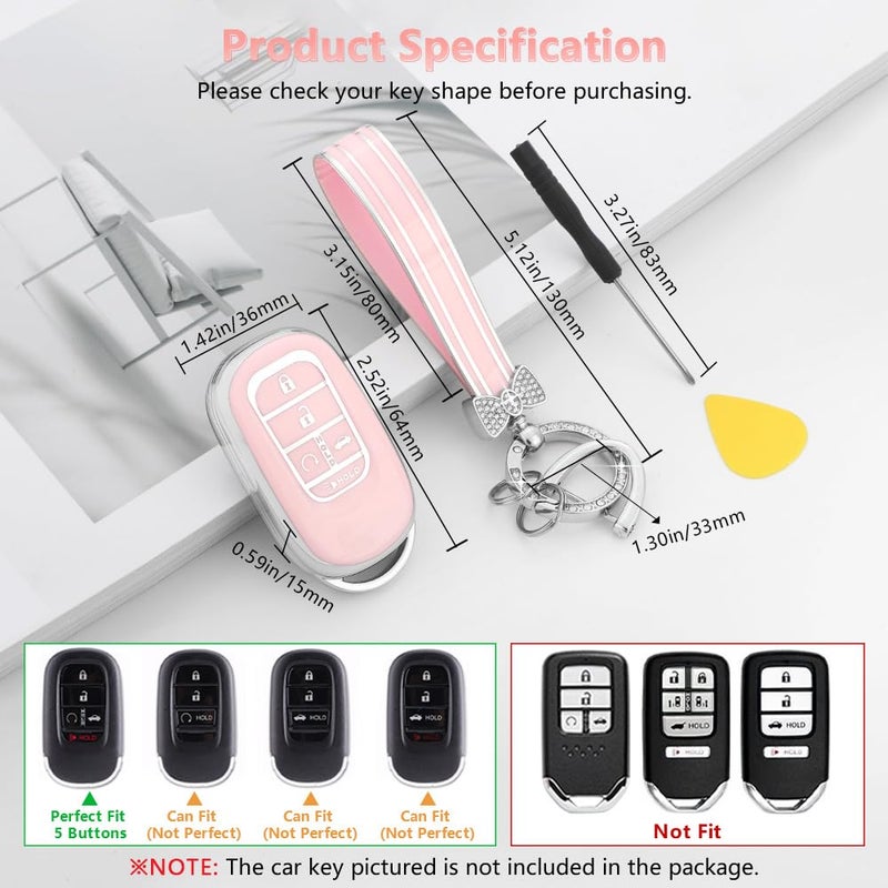 PIFOOG Key Fob Cover for Honda 2025 2023 2024 Accord Civic HRV CRV Pilot Accessories 5 Button Car Keys Case Shell Bling Keychain Full Protector TPU Women Girly Pink Silver - Image 2