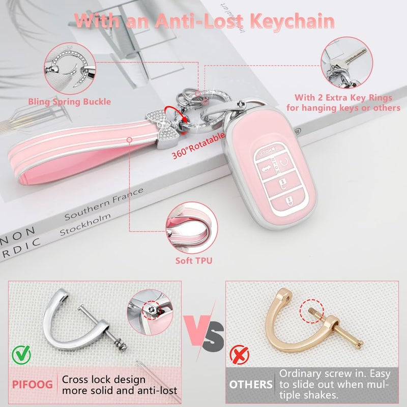 PIFOOG Key Fob Cover for Honda 2025 2023 2024 Accord Civic HRV CRV Pilot Accessories 5 Button Car Keys Case Shell Bling Keychain Full Protector TPU Women Girly Pink Silver - Image 3