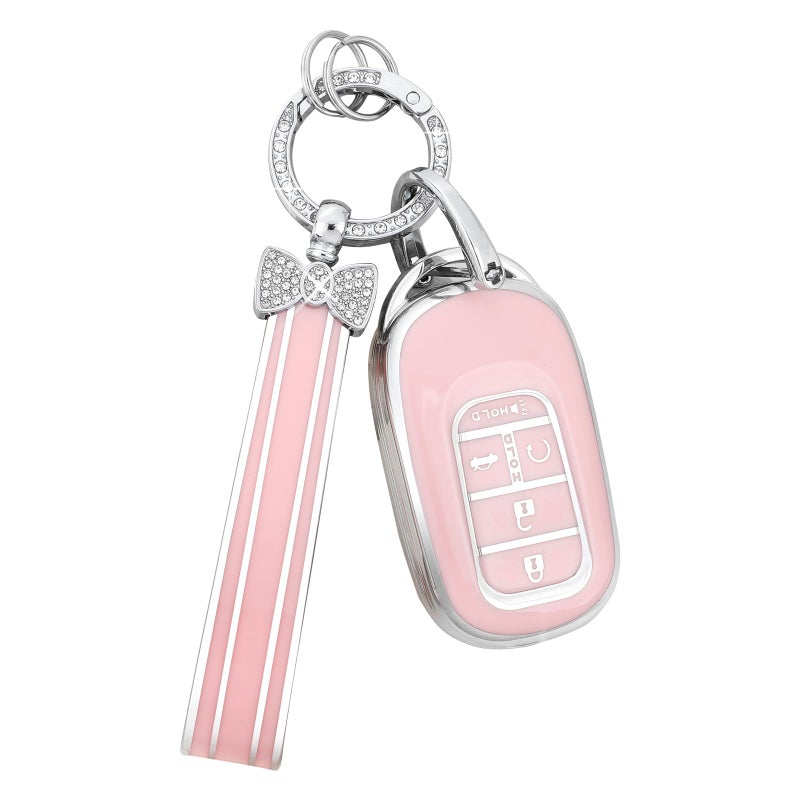 PIFOOG Key Fob Cover for Honda 2025 2023 2024 Accord Civic HRV CRV Pilot Accessories 5 Button Car Keys Case Shell Bling Keychain Full Protector TPU Women Girly Pink Silver - Image 1