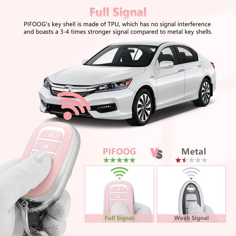 PIFOOG Key Fob Cover for Honda 2025 2023 2024 Accord Civic HRV CRV Pilot Accessories 5 Button Car Keys Case Shell Bling Keychain Full Protector TPU Women Girly Pink Silver - Image 4