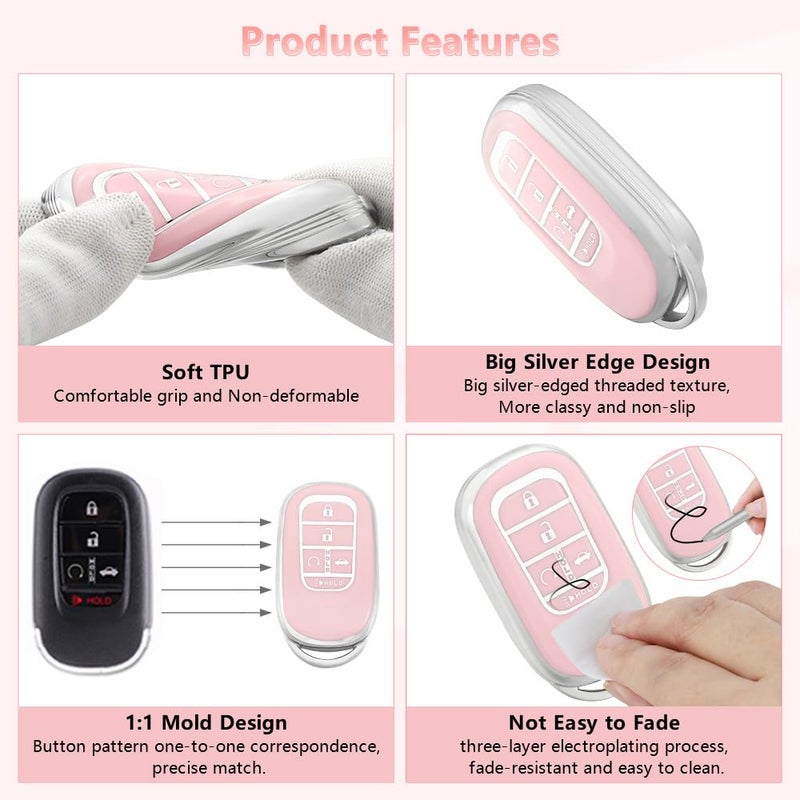 PIFOOG Key Fob Cover for Honda 2025 2023 2024 Accord Civic HRV CRV Pilot Accessories 5 Button Car Keys Case Shell Bling Keychain Full Protector TPU Women Girly Pink Silver - Image 5