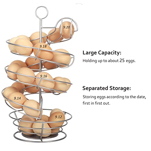 QUTREY Silver Metal Egg Holder Countertop, Spiral Design Egg Skelter Dispenser Rack with Egg Storage Basket for Kitchen - Image 4