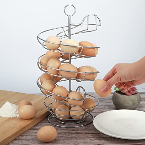 QUTREY Silver Metal Egg Holder Countertop, Spiral Design Egg Skelter Dispenser Rack with Egg Storage Basket for Kitchen - Image 5
