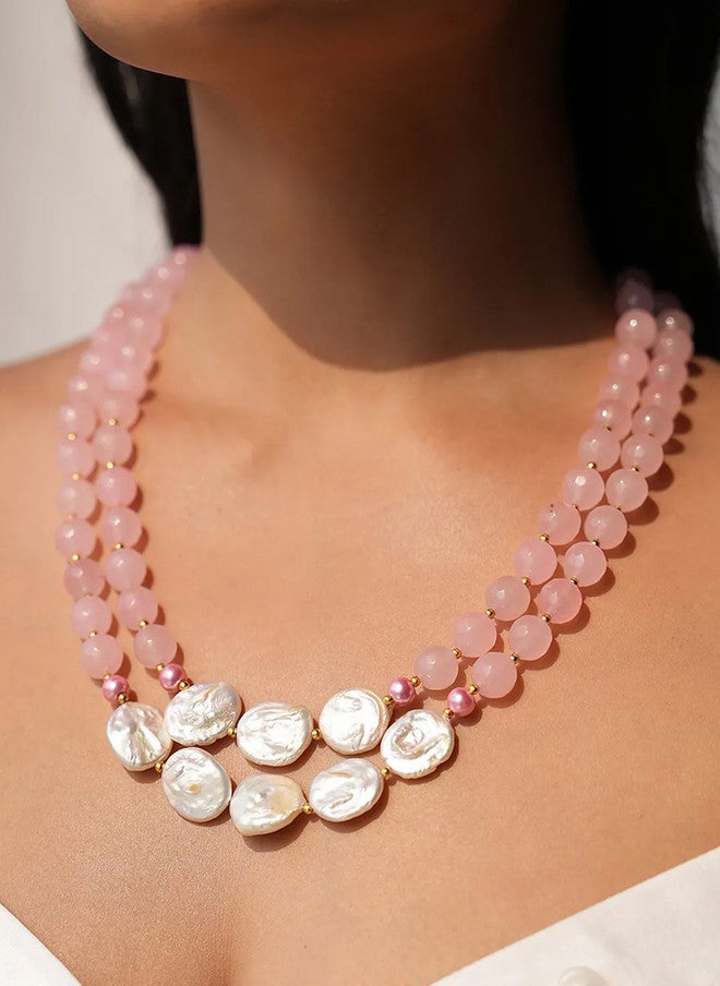 Binnis Wardrobe Quartz and Mother of Pearl Stones Studded Double-Layered Necklace - Image 1