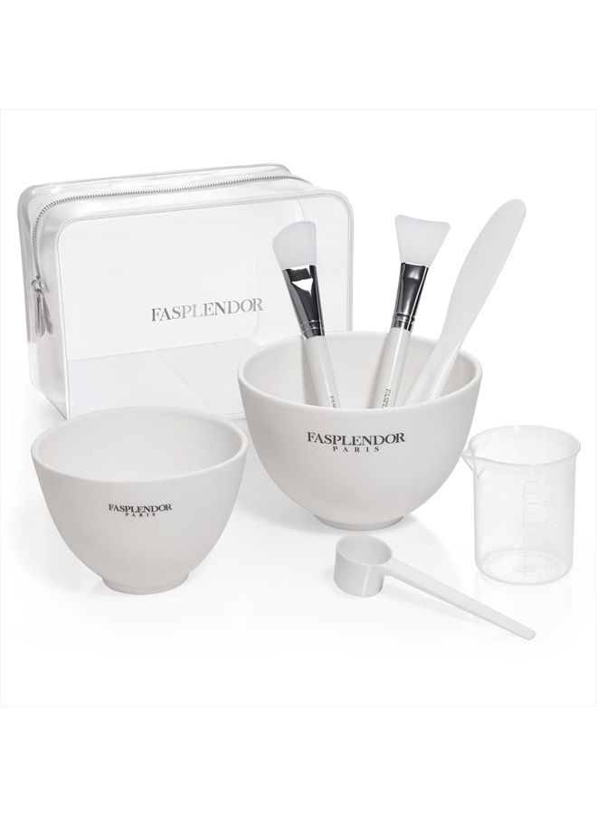Fasplendor Face Mask Mixing Bowl Set with Silicone Face Mask Brush Applicator, Facial Mask Bowls, Mask Spatula, Measuring Scoop + Cup, Clear Toiletry Bag, 8 IN 1 SPA Quality Face Mask Tool Kit for DIY Clay Mask  - Image 1