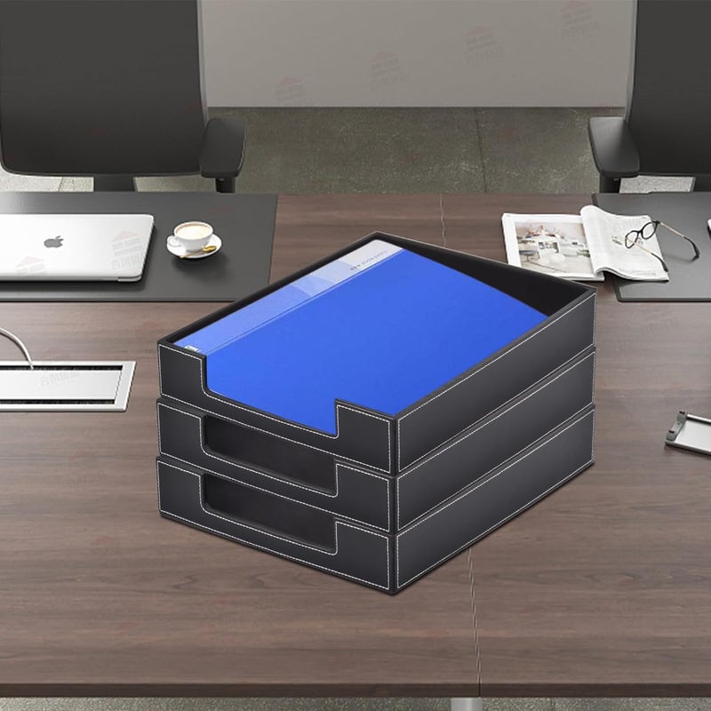 RHCSZ PU Leather 1-Layer Stackable Office File Document Tray Case Rack Paper Letter Tray Desk File Document Organizer Holder (Black) - Image 3
