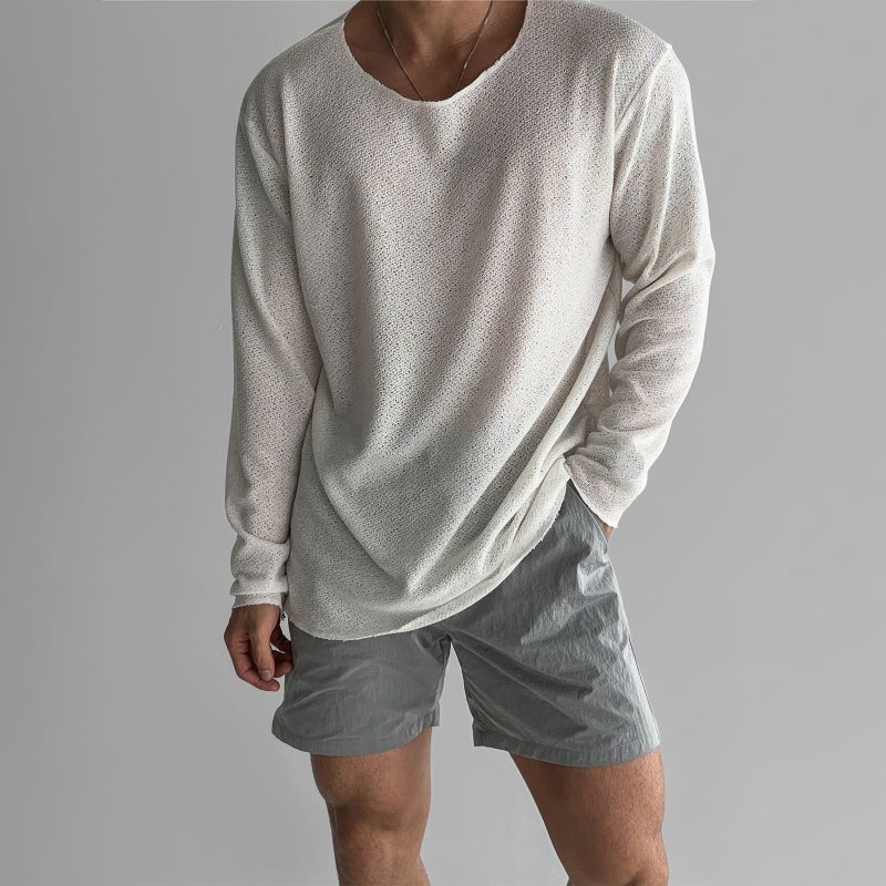 Lazy Style Hollow-out Knitted Sweater Men's Silky Smooth Loose Large Collar Long-sleeved Sunscreen Relaxation Low-collar T-shirt