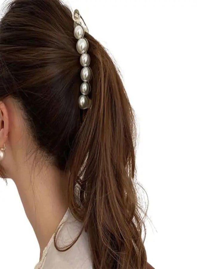 Ublic 2 Pcs Pearl Banana Hair Clips, Rhinestone Teeth Inside Slide Jaw Clips for Women and Girls - Image 1