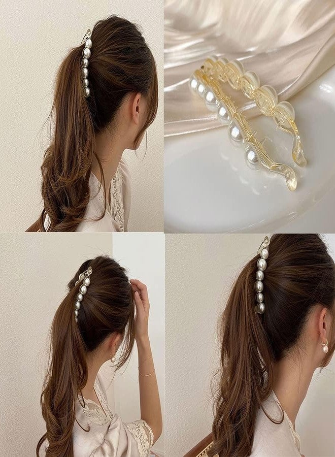 Ublic 2 Pcs Pearl Banana Hair Clips, Rhinestone Teeth Inside Slide Jaw Clips for Women and Girls - Image 4