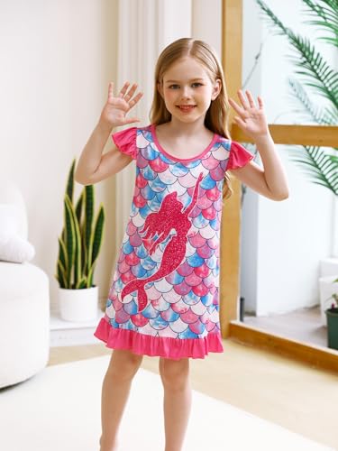 WonderBabe Girls Nightgowns Toddler Girls Mermaid Pajamas Kids Night Gown Mermaid Dress Princess Flutter Short Sleeves Nightgown Size 5t 6t - Image 2