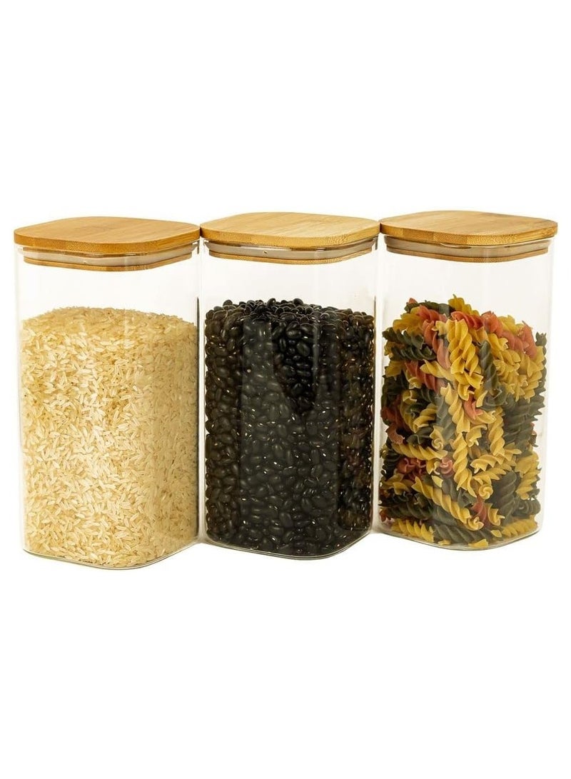 SKY-TOUCH 3pack 1500ml Glass Food Storage Containers with Bamboo Lid,  Clear Square Kitchen Container, Stackable Glass Pantry Food Canisters for kitchen Counter, Candy, Cookie, Rice, Cereal,50oz - Image 1
