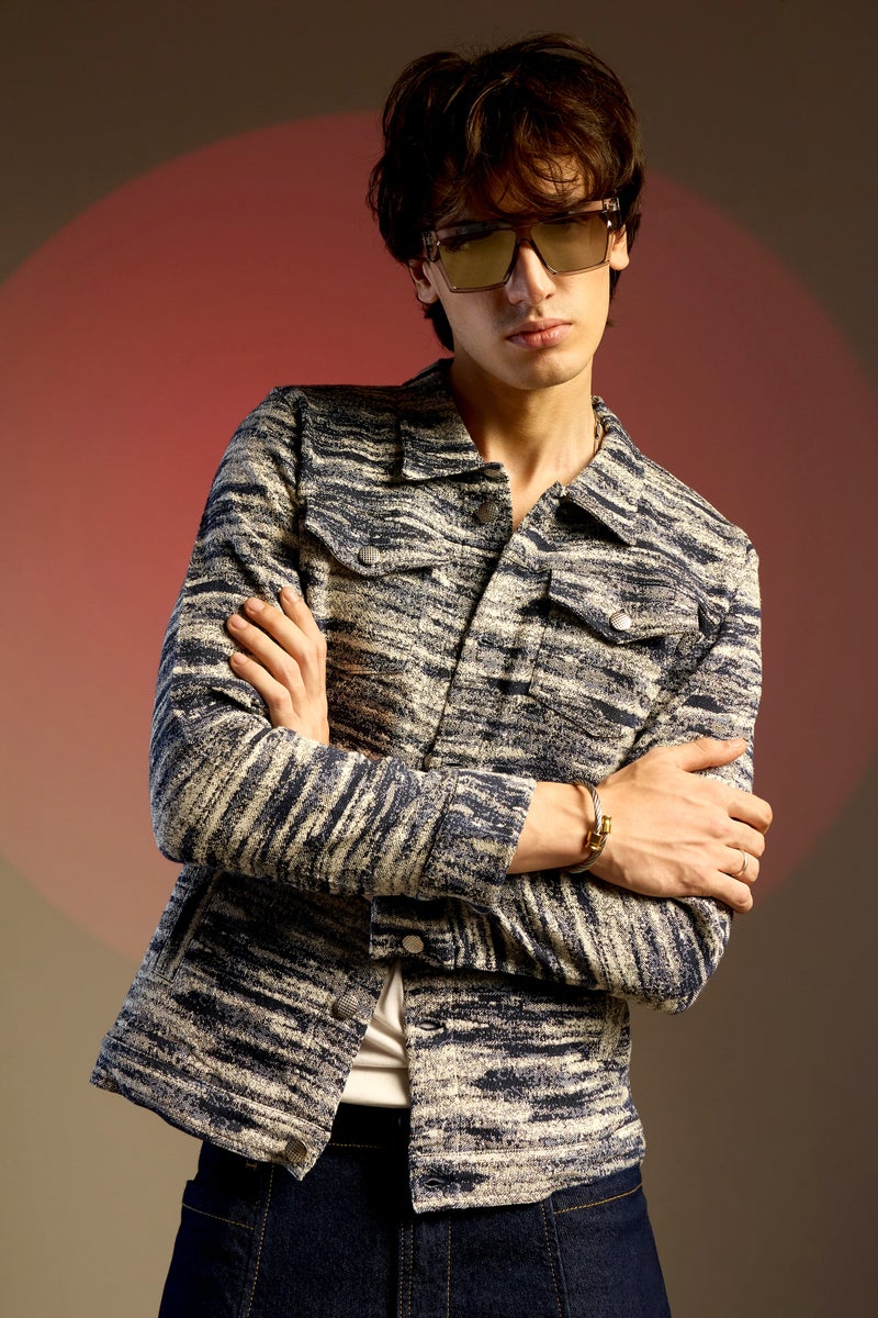 Campus Sutra Men's Navy Blue & Ivory White Textured Utility Jacket - Image 1
