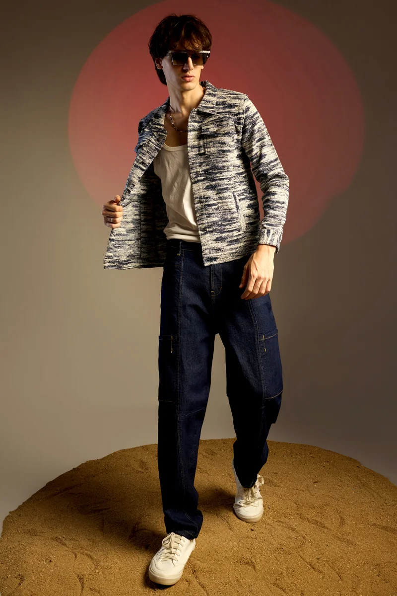 Campus Sutra Men's Navy Blue & Ivory White Textured Utility Jacket