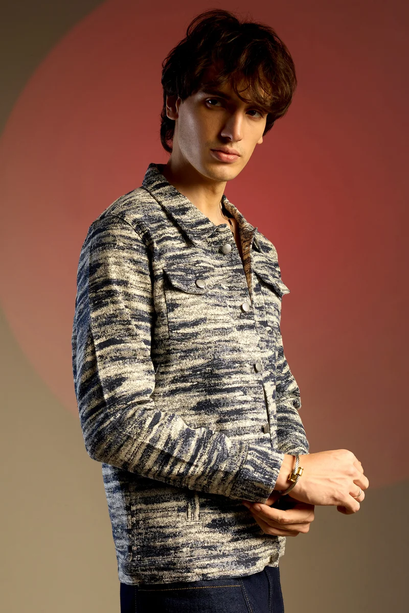 Campus Sutra Men's Navy Blue & Ivory White Textured Utility Jacket