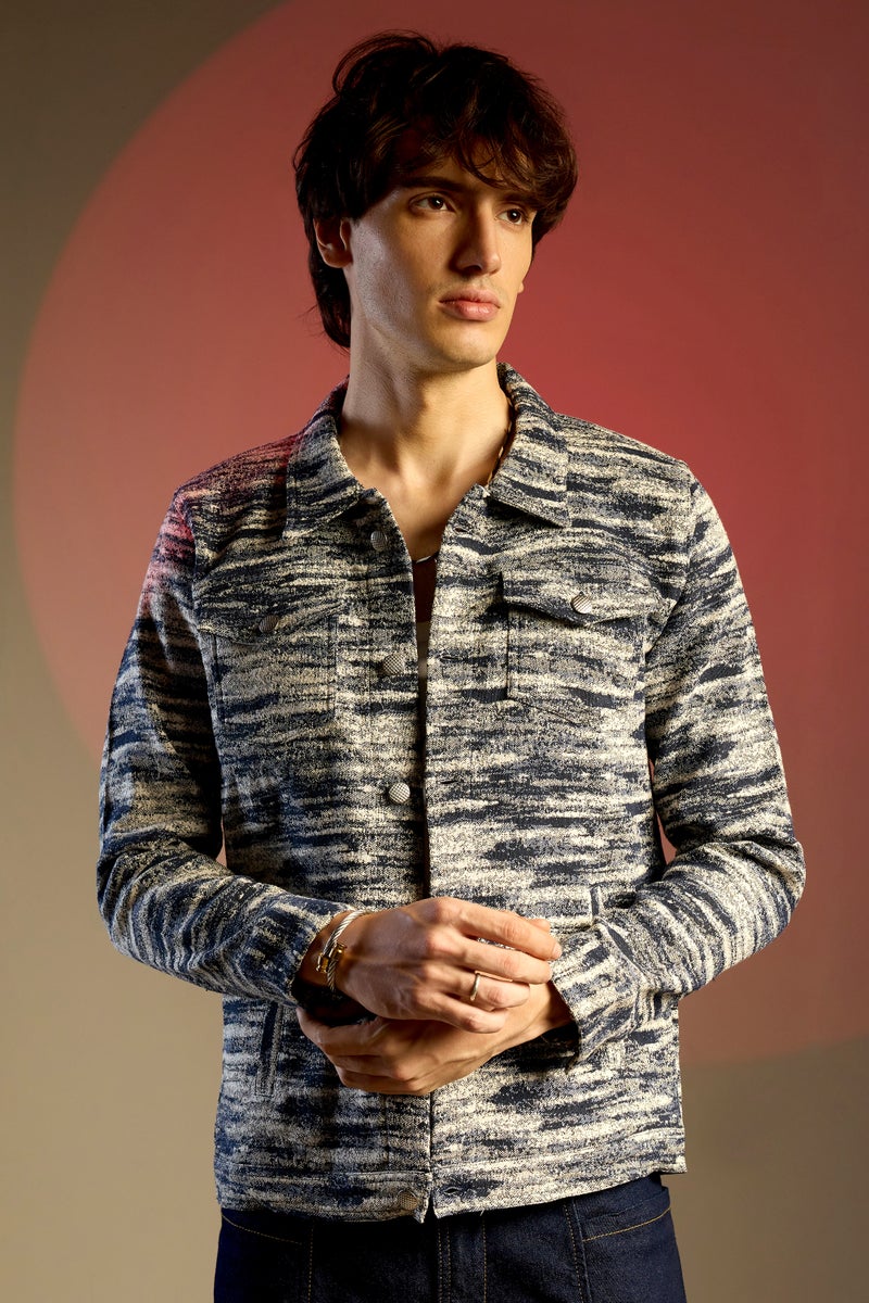 Campus Sutra Men's Navy Blue & Ivory White Textured Utility Jacket - Image 2