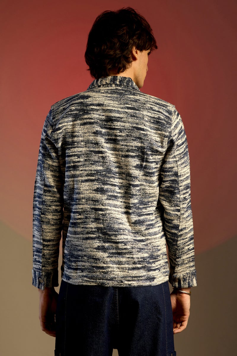 Campus Sutra Men's Navy Blue & Ivory White Textured Utility Jacket - Image 5