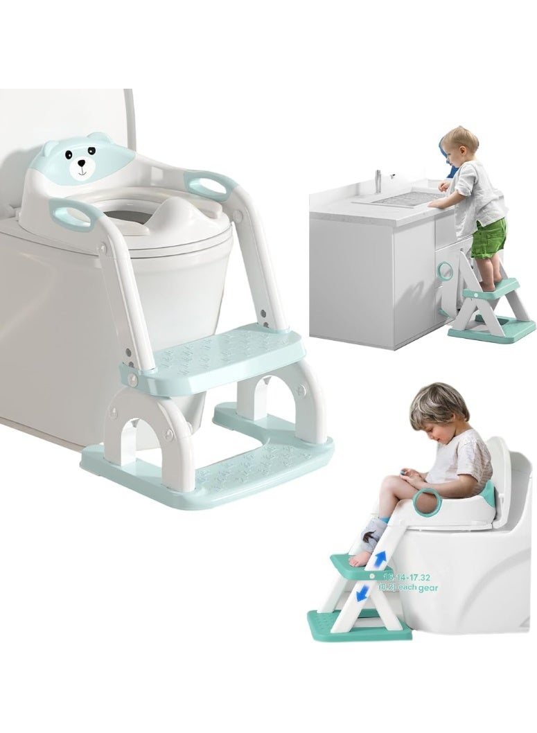 DUNISO مقعد تدريب الحمام مع سلم، مقعد تدريب الحمام القابل للتعديل مع خطوات، مقعد حمام للأطفال مع خطوة ودواسة وحاجز رذاذ ووسادة PVC مقاومة للماء، مضاد للانزلاق، خفيف الوزن، للأولاد والبنات - Image 1