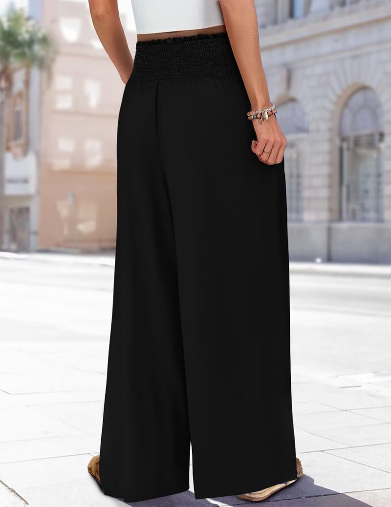 KISSMODA Women Palazzo Pants Summer Boho Bagyy Wide Leg High Smocked Waist Casual Loose Lounge Pant with Pocket Black S - Image 3