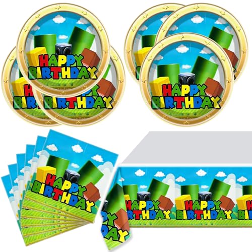 OULUN Super Bros Party Tableware 20 Plates and 20 Napkins and Tablecloth71 x 42 Super Bros Birthday Party Decorate Supplies - Image 1