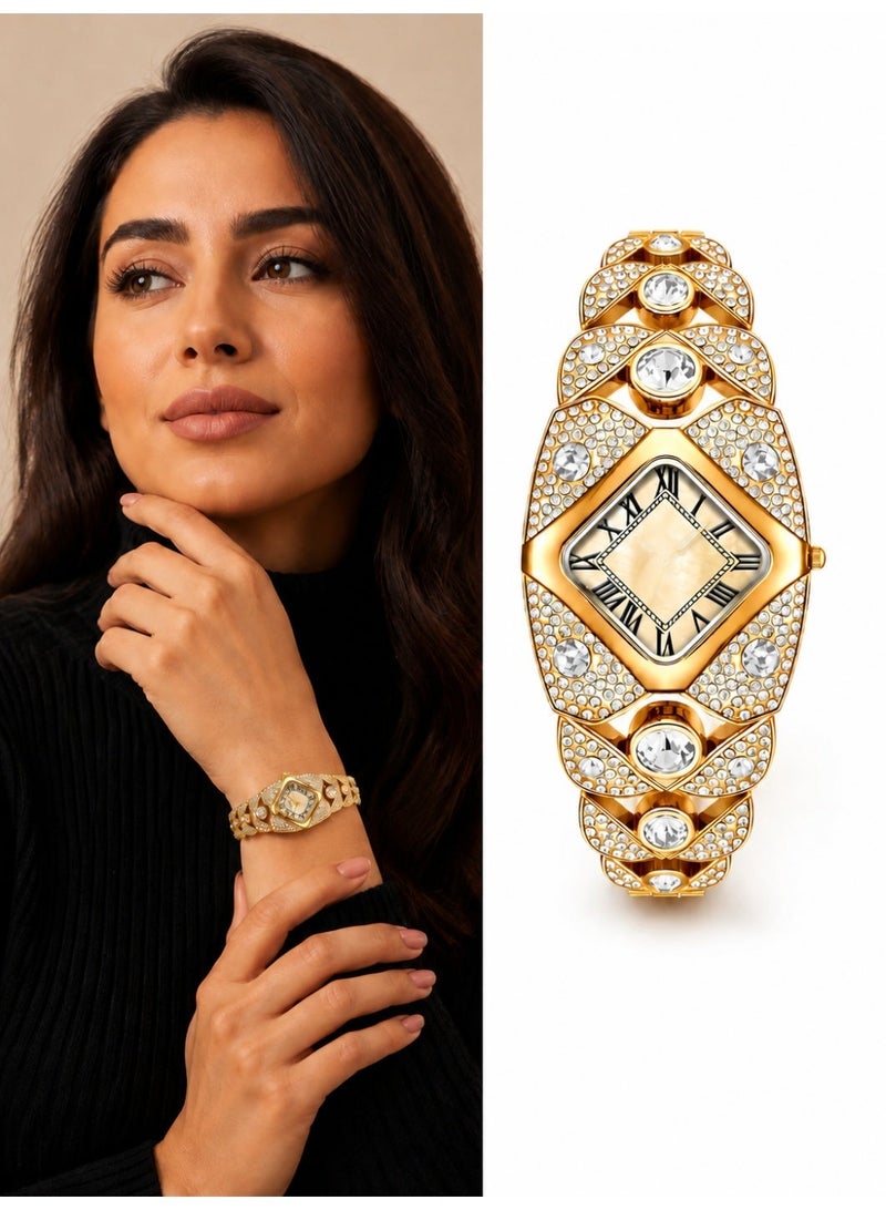 Exclusive Design Luxury Quartz Watch for Women, Sparkling Analog Wrist Watch with Rhombus Dial & Alloy Band - Image 1