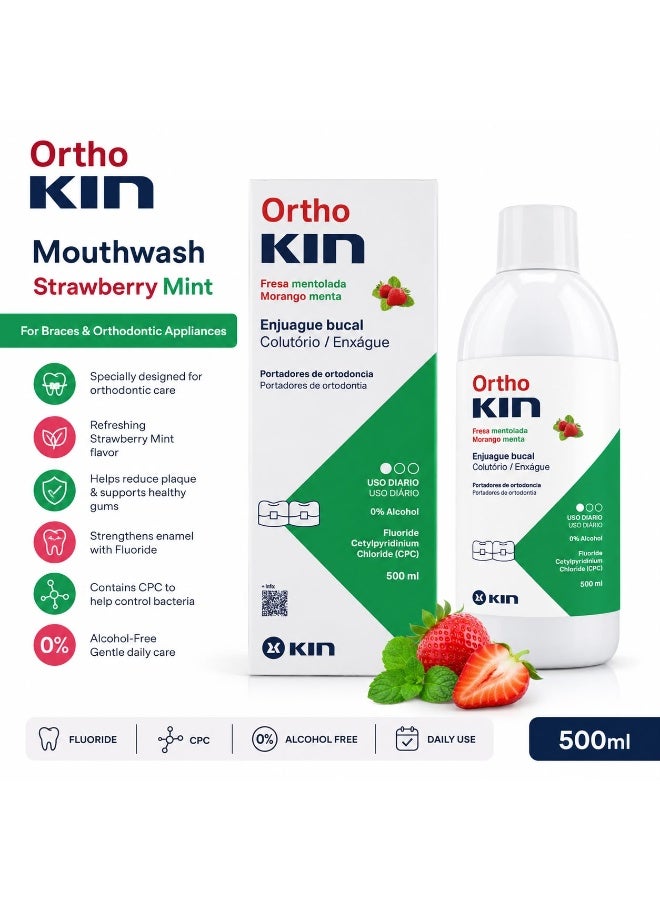 KIN OrthoKIN Orthodontic Mouthwash Strawberry Mint Flavor Alcohol-Free with Fluoride & CPC 500ml - Image 2
