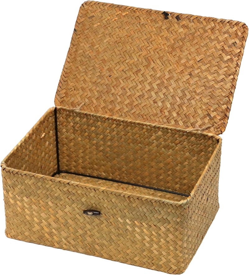 ORDELITE Wicker Storage Basket with Lid, Natural Seagrass Woven Shelf Basket for Storage, Rectangular Decorative Storage Bins Boxes Home Organizer Decor (Natural, Medium) - Image 1