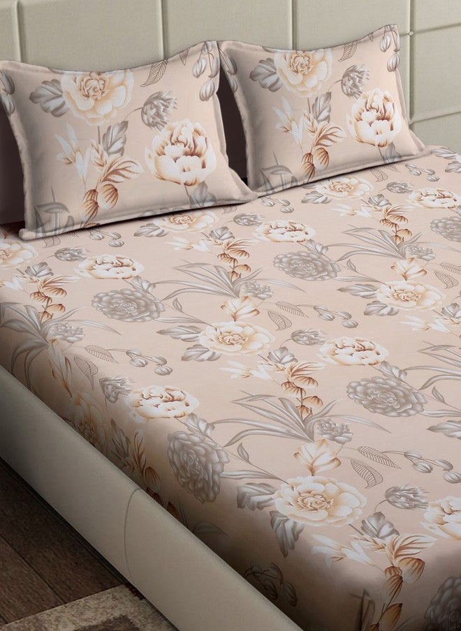 Arrabi Peach Floral Polycotton 300 TC Fitted King Bedsheet with 2 Pillow Covers - Image 3
