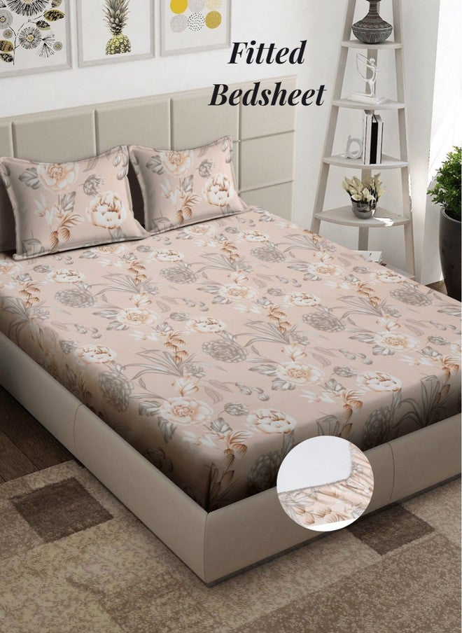 Arrabi Peach Floral Polycotton 300 TC Fitted King Bedsheet with 2 Pillow Covers - Image 1