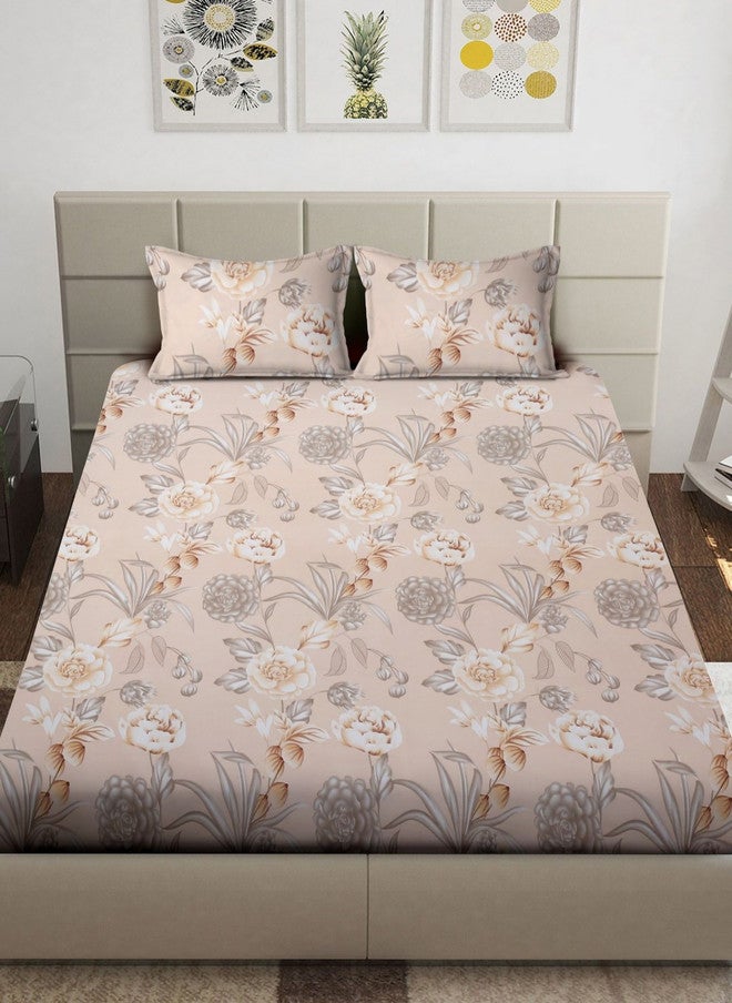 Arrabi Peach Floral Polycotton 300 TC Fitted King Bedsheet with 2 Pillow Covers - Image 2