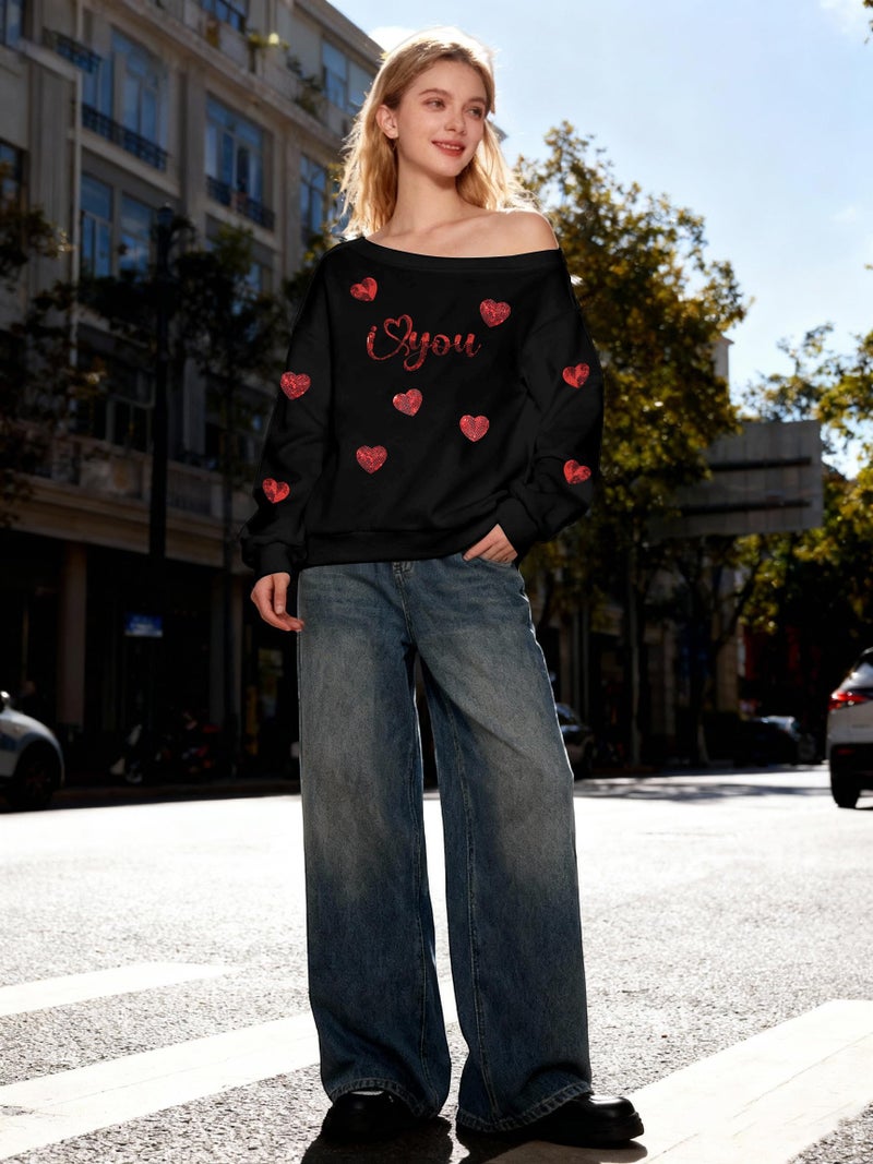 BANGELY Valentines Off Shoulder Sweatshirt Women Love Heart Long Sleeve Shirt Casual Oversized Sweatshirts Fashion Sequin Top Black - Image 3