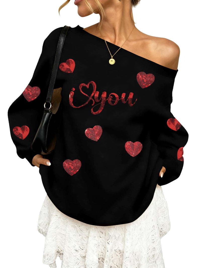 BANGELY Valentines Off Shoulder Sweatshirt Women Love Heart Long Sleeve Shirt Casual Oversized Sweatshirts Fashion Sequin Top Black - Image 1