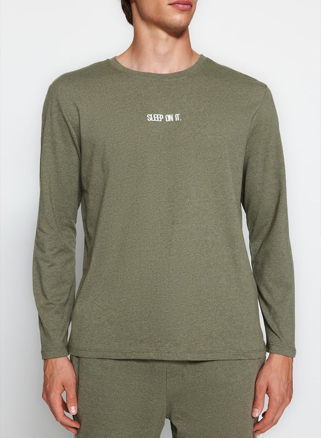 trendyol Khaki Printed Knitted Pajama Set - Image 2