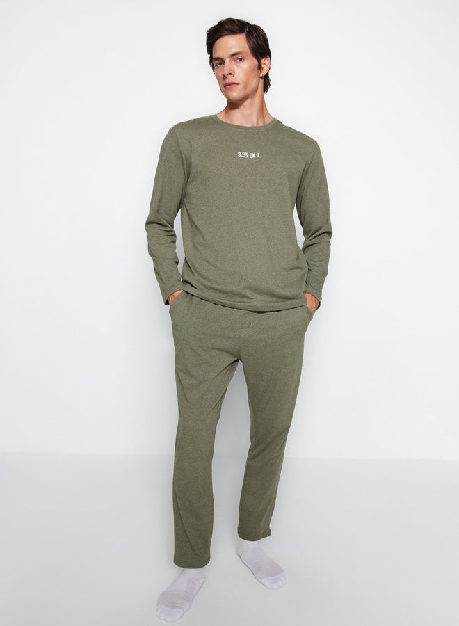 trendyol Khaki Printed Knitted Pajama Set - Image 3