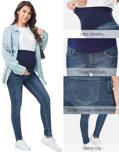 PACBREEZE Women's Maternity Jeans Over Belly Skinny Stretchy Denim Pants Comfy Slim Pregnancy Pants (Dark Blue, Large) - Image 2