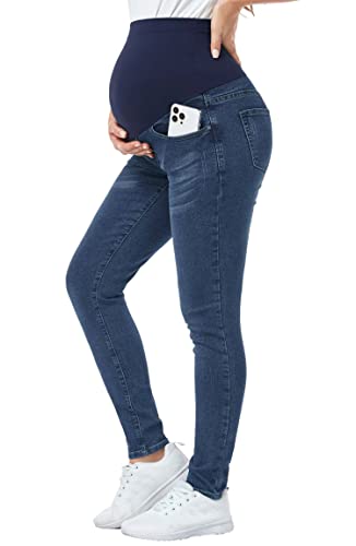 PACBREEZE Women's Maternity Jeans Over Belly Skinny Stretchy Denim Pants Comfy Slim Pregnancy Pants (Dark Blue, Large) - Image 1