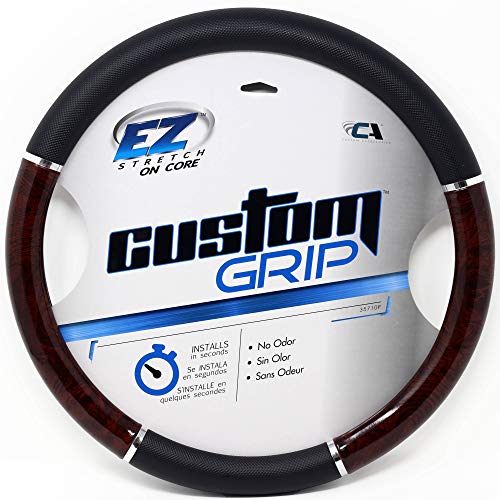 Custom Accessories 35710P Black Steering Wheel Cover with Woodgrain Design and Chrome Trim - Image 3
