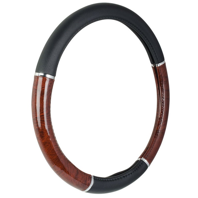 Custom Accessories 35710P Black Steering Wheel Cover with Woodgrain Design and Chrome Trim - Image 2