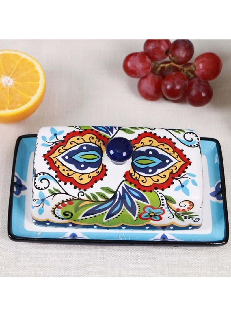 سيوسي طبق زبدة سيراميك مرسومة يدويًا مع غطاء، صينية طبق زبدة على الطراز الأوروبي، حامل حاوية جبن عتيق للزبدة والجبن والحلوى والفواكه، مثالي للمطبخ المنزلي - Image 5