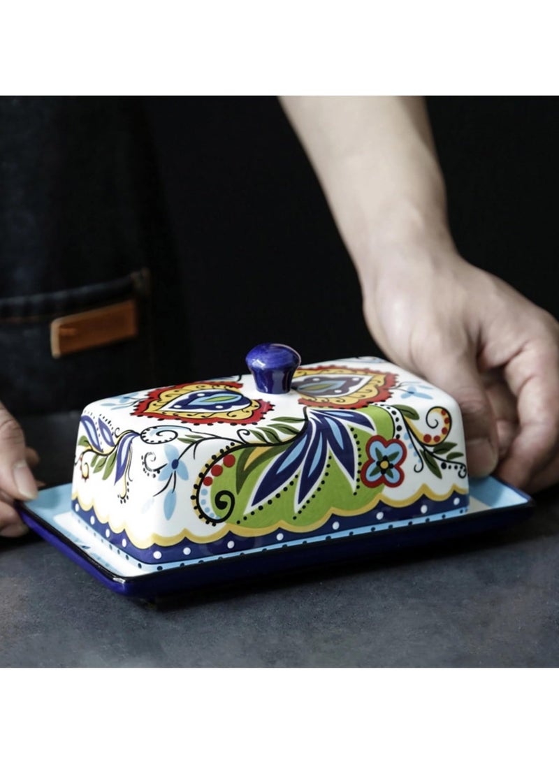 سيوسي طبق زبدة سيراميك مرسومة يدويًا مع غطاء، صينية طبق زبدة على الطراز الأوروبي، حامل حاوية جبن عتيق للزبدة والجبن والحلوى والفواكه، مثالي للمطبخ المنزلي - Image 2