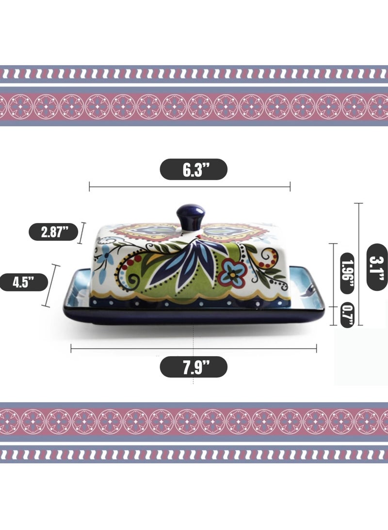 سيوسي طبق زبدة سيراميك مرسومة يدويًا مع غطاء، صينية طبق زبدة على الطراز الأوروبي، حامل حاوية جبن عتيق للزبدة والجبن والحلوى والفواكه، مثالي للمطبخ المنزلي - Image 3